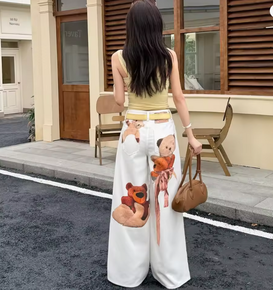 White Denim Wide Leg Pants Women Fresh Cartoon Teddy Bear Ribbon Graphic High Waist Loose Full Length Casual Bottoms