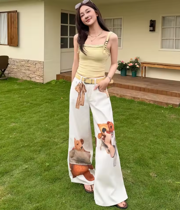 White Denim Wide Leg Pants Women Fresh Cartoon Teddy Bear Ribbon Graphic High Waist Loose Full Length Casual Bottoms