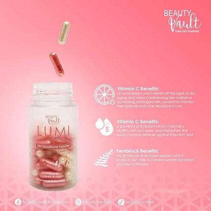 Beauty Vault LUMI 24H Glutathione Capsules (60 Caps) 1 Box