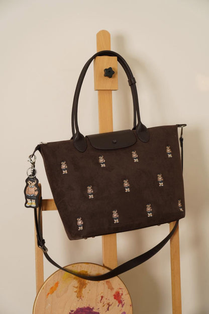 GUOO BEAR Coffee Velvet Embroidered Single Shoulder Crossbody Bag XL
