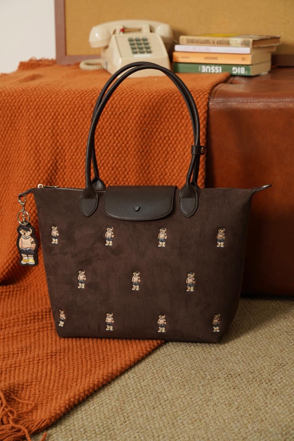 GUOO BEAR Coffee Velvet Embroidered Single Shoulder Crossbody Bag XL