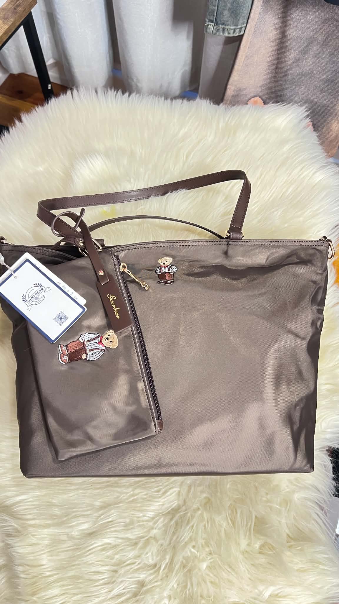 GUOO BEAR Leather Nylon Embroidered Single Shoulder Crossbody Bag XL