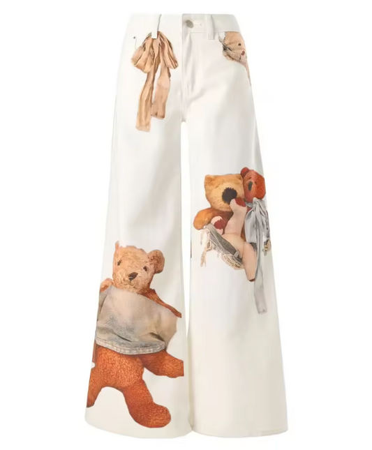 White Denim Wide Leg Pants Women Fresh Cartoon Teddy Bear Ribbon Graphic High Waist Loose Full Length Casual Bottoms