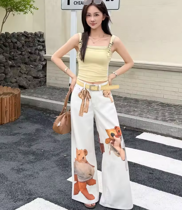 White Denim Wide Leg Pants Women Fresh Cartoon Teddy Bear Ribbon Graphic High Waist Loose Full Length Casual Bottoms