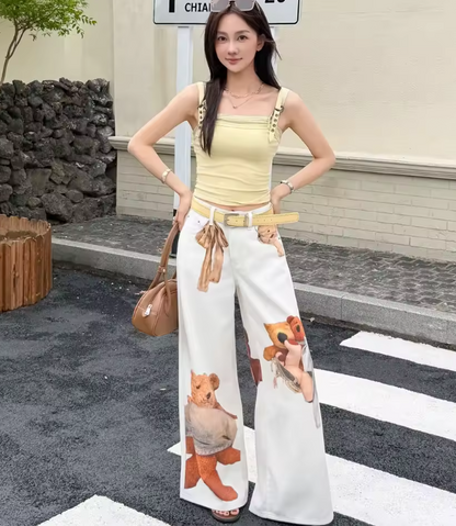 White Denim Wide Leg Pants Women Fresh Cartoon Teddy Bear Ribbon Graphic High Waist Loose Full Length Casual Bottoms