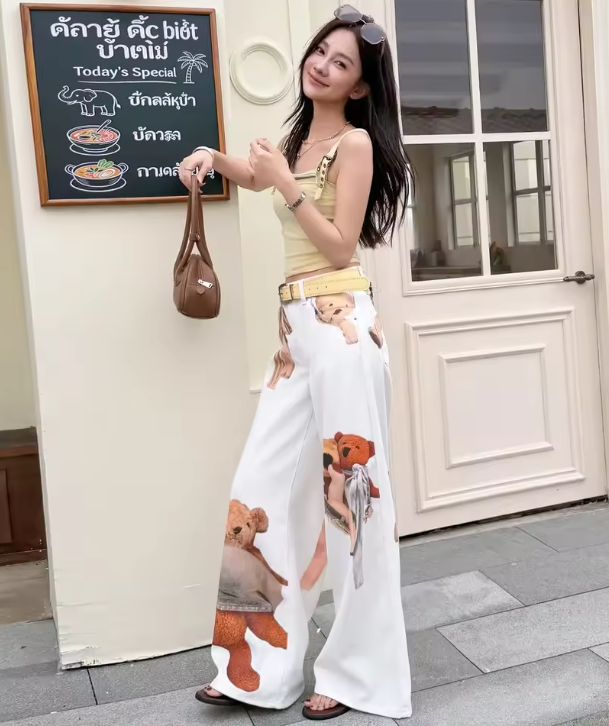 White Denim Wide Leg Pants Women Fresh Cartoon Teddy Bear Ribbon Graphic High Waist Loose Full Length Casual Bottoms