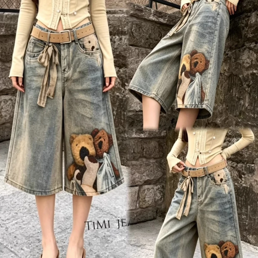Bear Print Denim Mid-Length Shorts Women's 2026 Loose-Fit Jorts