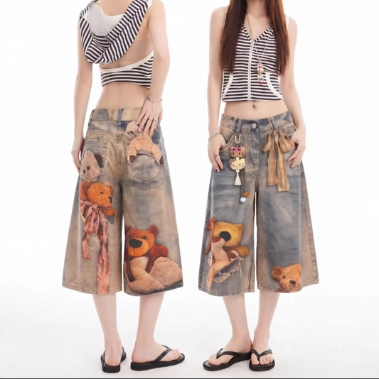 Bear Print Denim Mid-Length Shorts Women's 2026 Loose-Fit Jorts
