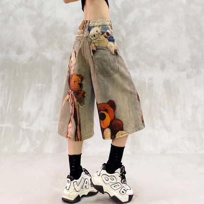 Bear Print Denim Mid-Length Shorts Women's 2026 Loose-Fit Jorts