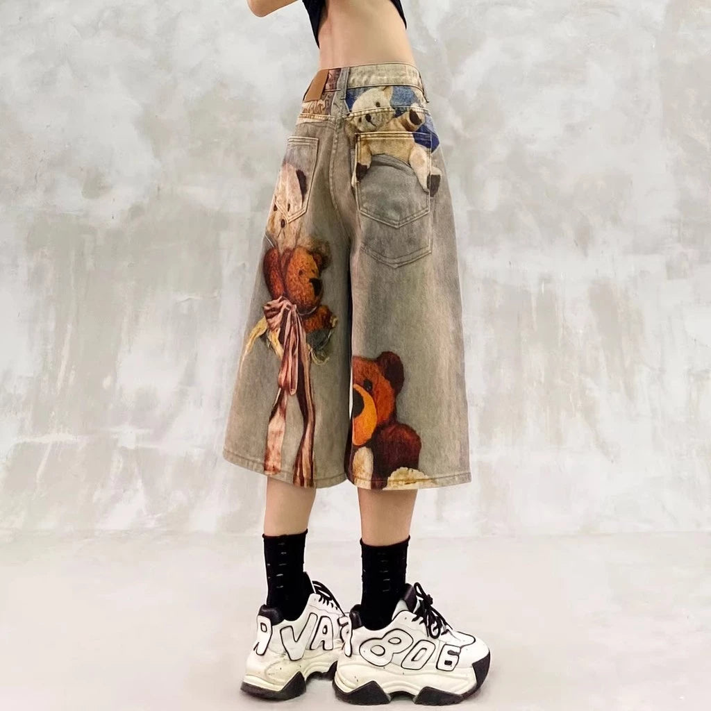 Bear Print Denim Mid-Length Shorts Women's 2026 Loose-Fit Jorts