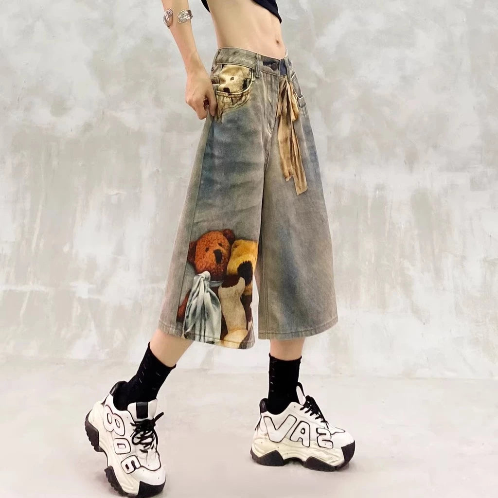 Bear Print Denim Mid-Length Shorts Women's 2026 Loose-Fit Jorts