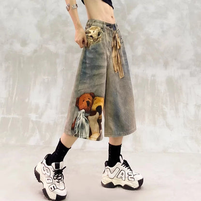 Bear Print Denim Mid-Length Shorts Women's 2026 Loose-Fit Jorts